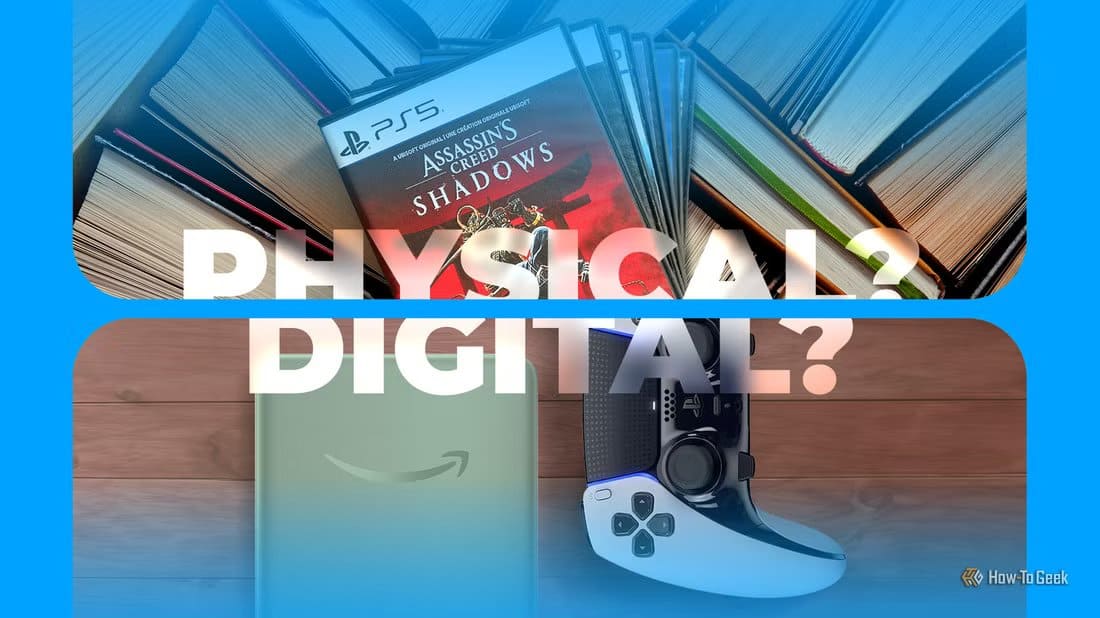books-and-a-ps5-game-case-labeled-physical-compared-with-a-kindle-and-playstation-controller-labeled-digital خمسة أشياء استبدلتها بالحلول الرقمية نهائياً