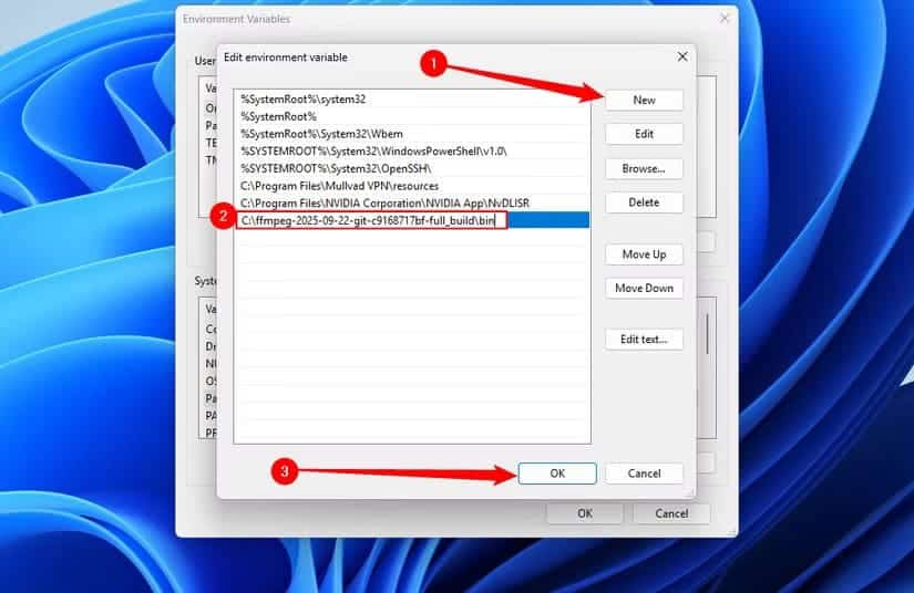 click-the-new-button-add-the-directory-then-click-ok خطوات تعديل متغيرات البيئة في Windows 11 بسهولة