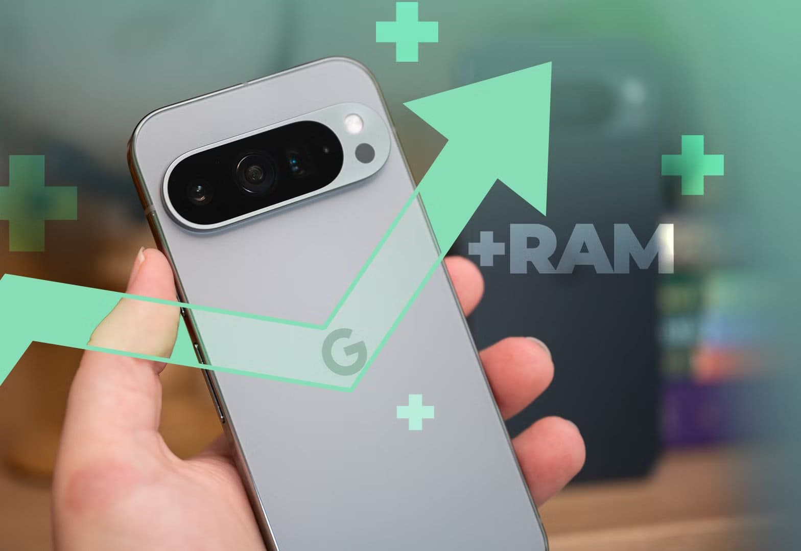 close-up-of-a-hand-holding-a-google-pixel-with-a-green-upward-arrow-and-symbols طريقة سهلة لزيادة ذاكرة Pixel 10 وتحسين الأداء