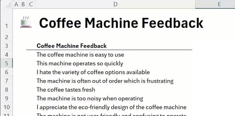 coffee-machine-feedback-in-an-excel-worksheet-with-each-feedback-comment-placed-in-a-new-cell-in-column-d أحدث ميزات Microsoft Excel 2025 التي تعزز إنتاجيتك