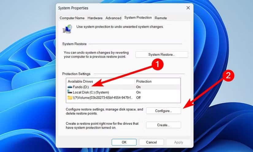 configure-system-restore-settings-windows ملفات ومجلدات تستهلك مساحة في Windows وكيفية حذفها بسهولة