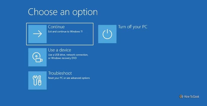 continue-option-in-advanced-repair-window طريقة آمنة لمحاكاة ظهور شاشة الموت الزرقاء في Windows