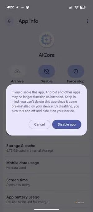 disable-app-popup-for-the-aicore-service-in-the-pixel-settings-window-1 طريقة سهلة لزيادة ذاكرة Pixel 10 وتحسين الأداء