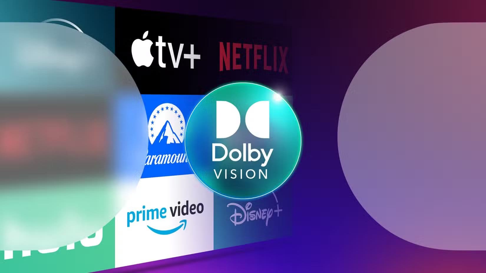 dolby-vision-logo-and-the-logos-of-some-streaming-services-in-the-background كيف تختار تلفاز يدعم المستقبل بمواصفات تضمن استمراريته