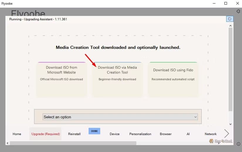 download-iso-via-media-creation-tool-option-in-flyoobe طريقة تثبيت Windows 11 بدون ميزات الذكاء الاصطناعي بسهولة