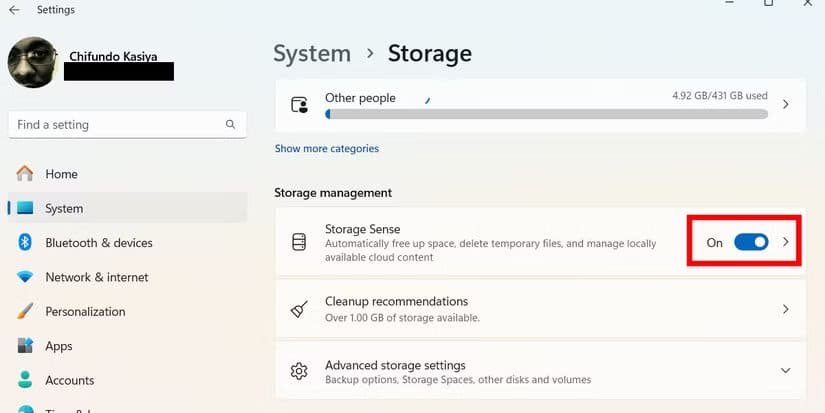 enable-storage-sense-windows-11-1 ملفات ومجلدات تستهلك مساحة في Windows وكيفية حذفها بسهولة