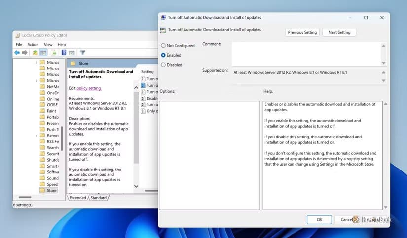 enabled-option-in-the-turn-off-automatic-download-and-install-of-updates-policy طريقة إيقاف تحديثات التطبيقات التلقائية في Microsoft Store بسهولة