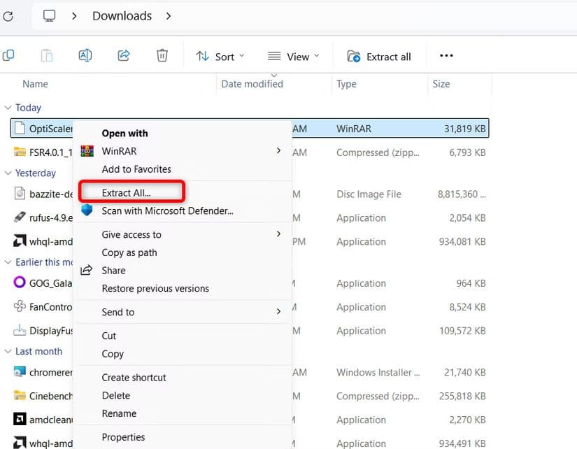 extracting-optiscaler-archive تشغيل ألعاب DLSS باستخدام AMD FSR 4 بخطوات بسيطة