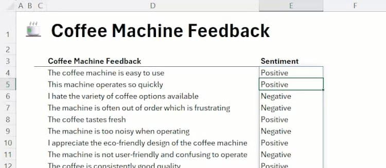 feedback-sentiment-analysis-in-excel-produced-through-the-copilot-function أحدث ميزات Microsoft Excel 2025 التي تعزز إنتاجيتك