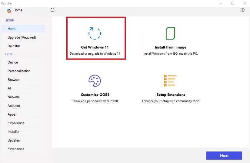 flyoobe-install-home طريقة تشغيل Windows 11 على جهاز قديم غير مدعوم بسهولة