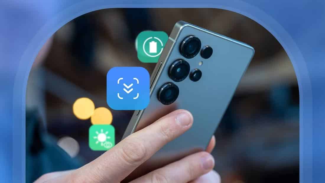 hand-holding-a-samsung-galaxy-smartphone-with-feature-icons-floating-around مميزات خفية في Samsung Galaxy ستغير طريقة استخدامك للهاتف