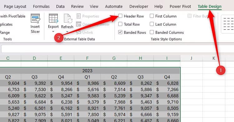 header-row-is-unchecked-in-excel-s-table-design-tab أفضل طرق تنظيم البيانات في Microsoft Excel بكفاءة