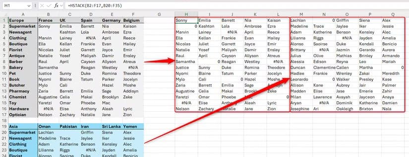 hstack-in-excel-being-used-to-stack-managers-names-from-europe-and-asia-next-to-each-other تحويل الصفوف والأعمدة بسهولة باستخدام TOCOL وTOROW في Excel
