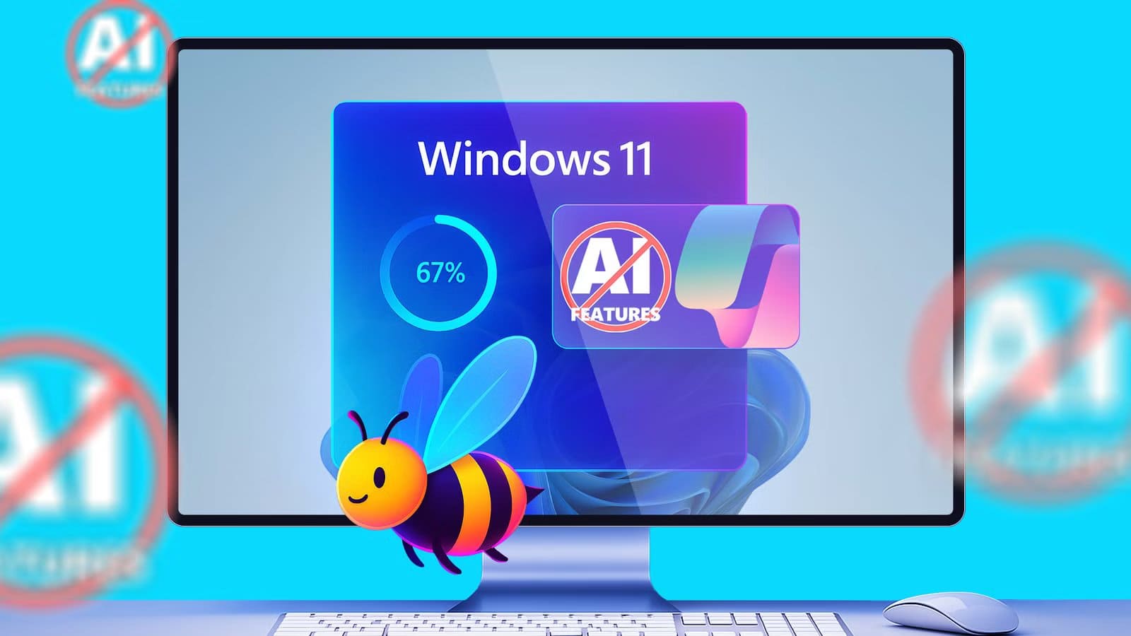 illustration-of-a-computer-screen-showing-a-windows-11-installation-with-a-no-ai-features-badge-surrounded-by-crossed-out-ai-icons طريقة تثبيت Windows 11 بدون ميزات الذكاء الاصطناعي بسهولة