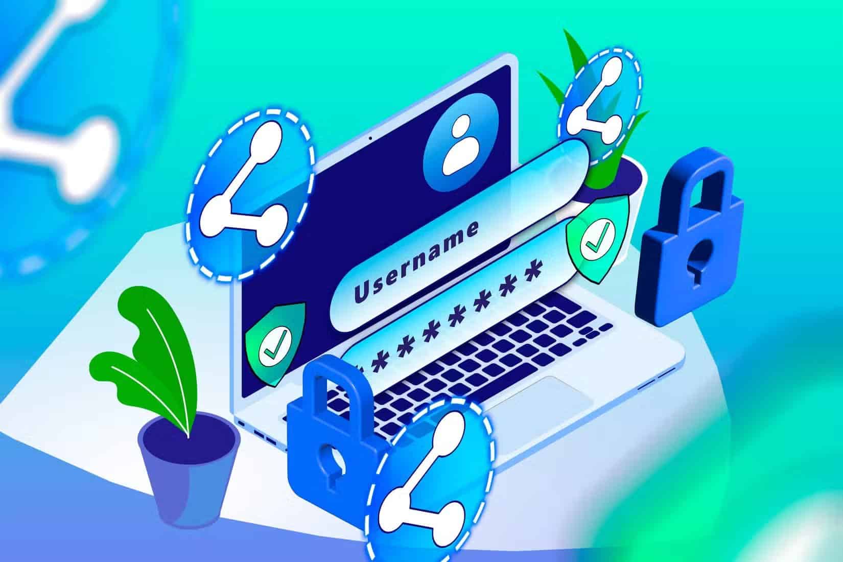 illustration-of-a-laptop-with-login-credentials-surrounded-by-share-and-security-icons-1 مخاطر استخدام شبكات VPN المجانية التي قد تعرض بياناتك للخطر
