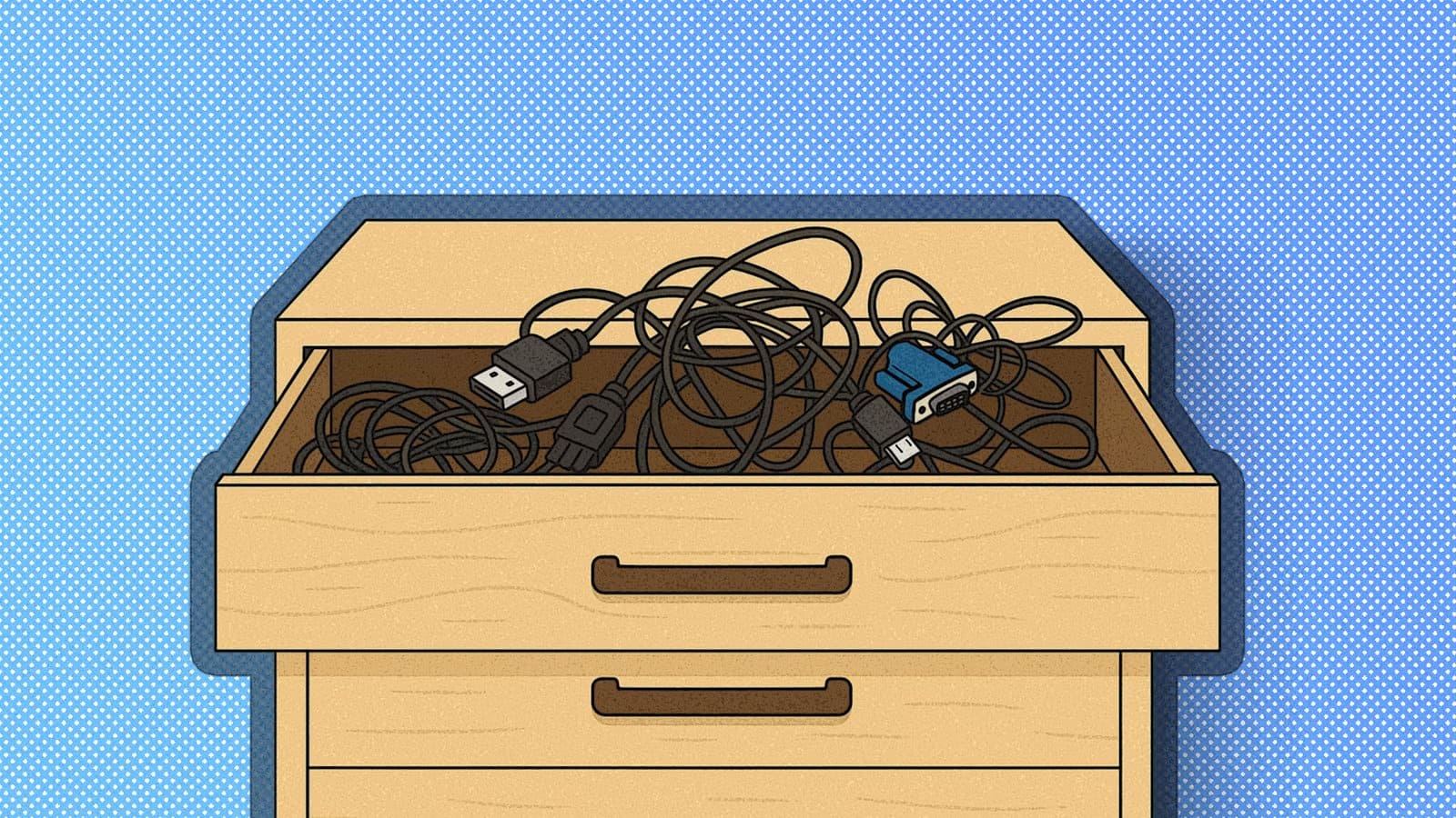 illustration-of-a-wooden-dresser-with-an-open-drawer-full-of-tangled-cables طريقة عملية تجعل الكابلات مرتبة في أدراجك دائمًا