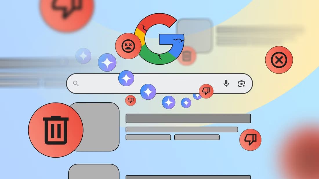 illustration-of-google-search-results-cluttered-with-icons-like-trash-bins-thumbs-down-and-warning-signs-with-a-cracked-google-logo-above-the-search-bar طرق فعالة للعثور على نتائج دقيقة في بحث Google
