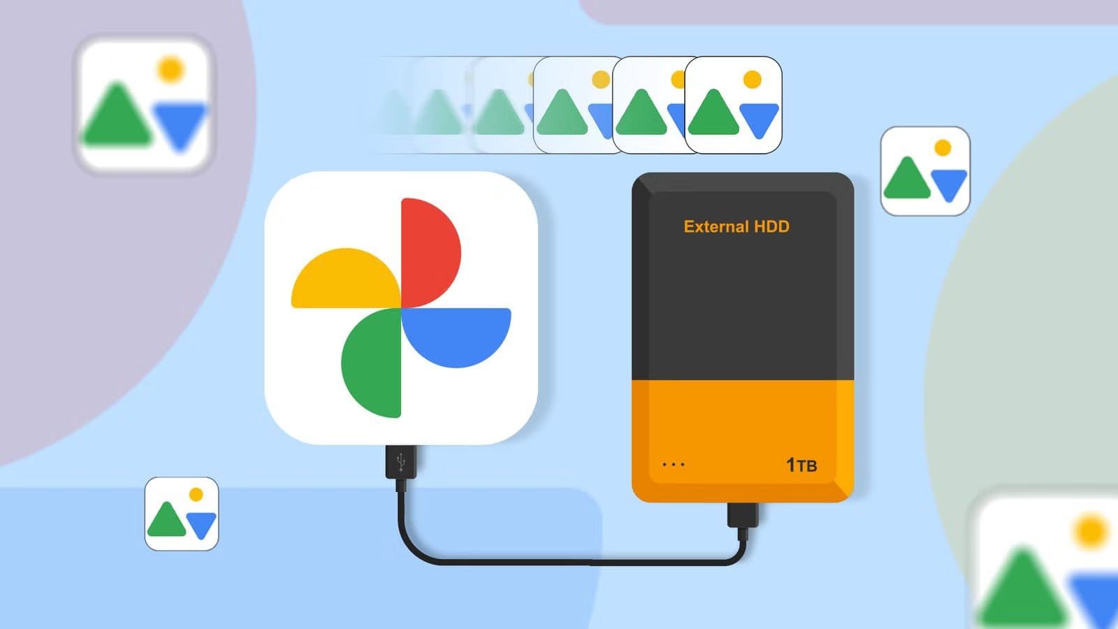 illustration-of-the-google-photos-logo-connected-to-an-external-hard-drive-with-multiple-photo-icons-around-them خطوات سهلة لحفظ مكتبة صور Google على القرص الصلب دون فقدان أي صورة