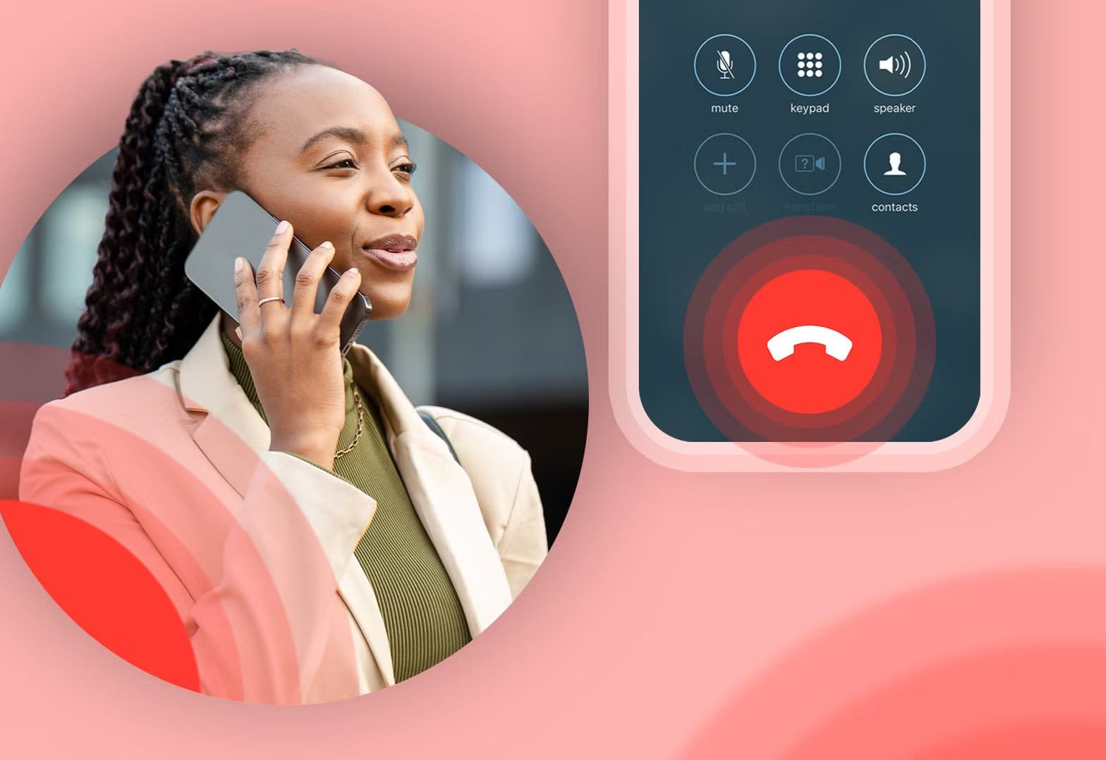 illustration-showing-a-woman-on-a-phone-call-and-a-smartphone-screen-with-the-red-end-call-button-highlighted طرق سهلة لإنهاء المكالمات بسرعة على أندرويد