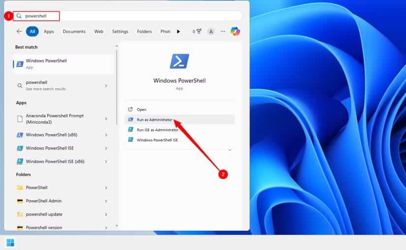 launching-powershell-as-administrator-through-the-start-menu خطوات تسجيل الدخول كمسؤول في ويندوز 10 و 11