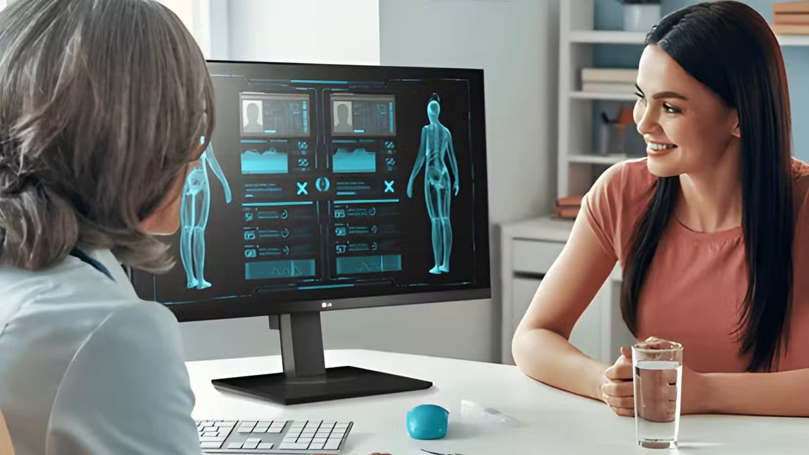 lg-s-monitor-being-used-as-a-way-to-see-medical-information-next-to-a-doctor-and-patient أفضل استخدامات مبتكرة للشاشة المحمولة في حياتك اليومية
