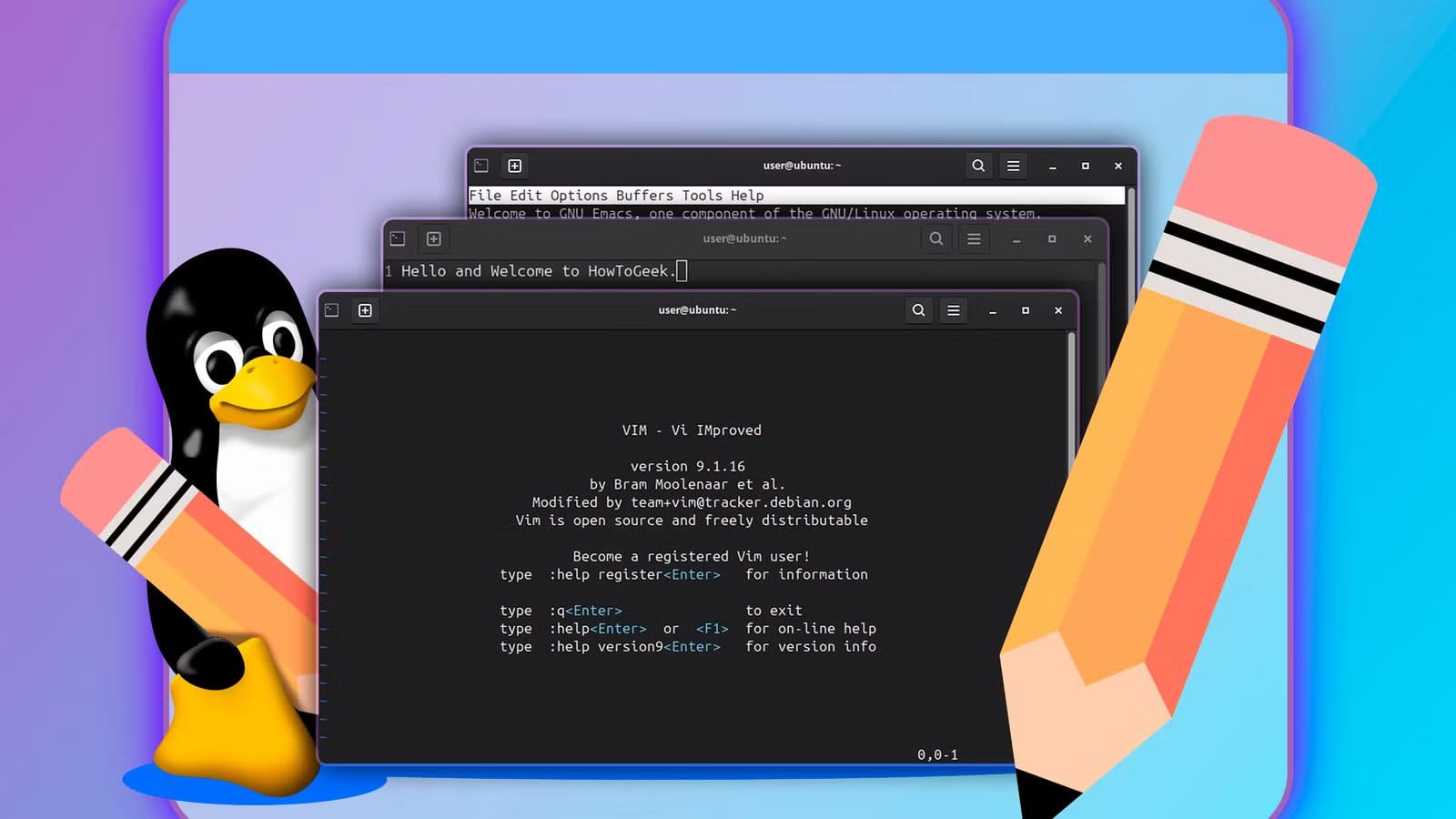 linux-mascot-behind-three-text-editors-with-a-pencil-in-front أفضل محررات نصوص على Linux تغنيك عن Notepad++