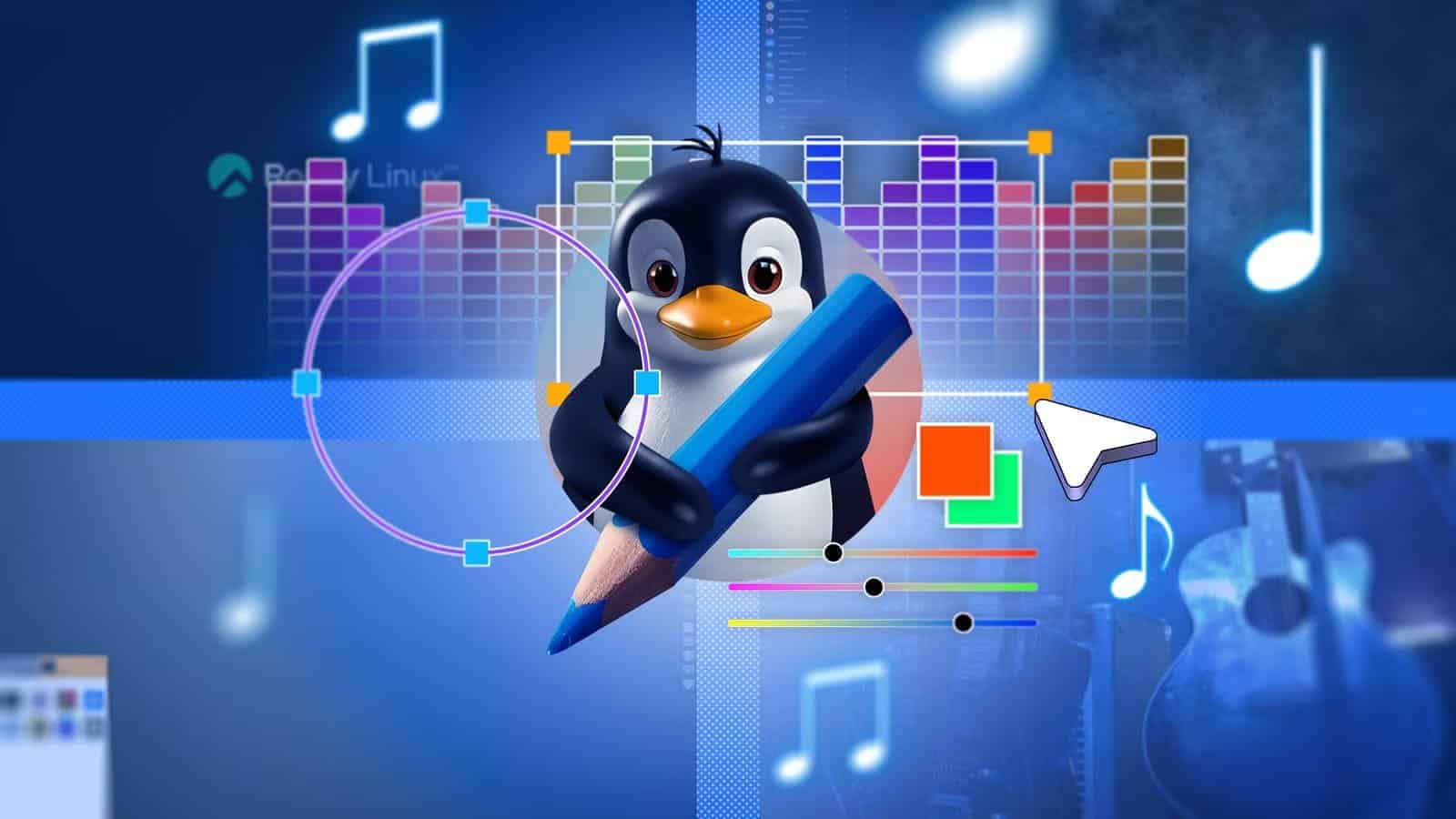 linux-mascot-holding-a-blue-pencil-colorful-equalizer-bars-in-the-background-and-glowing-musical-notes-sliders-and-geometric-shapes-around أفضل بدائل التطبيقات اليومية عند الانتقال إلى لينكس
