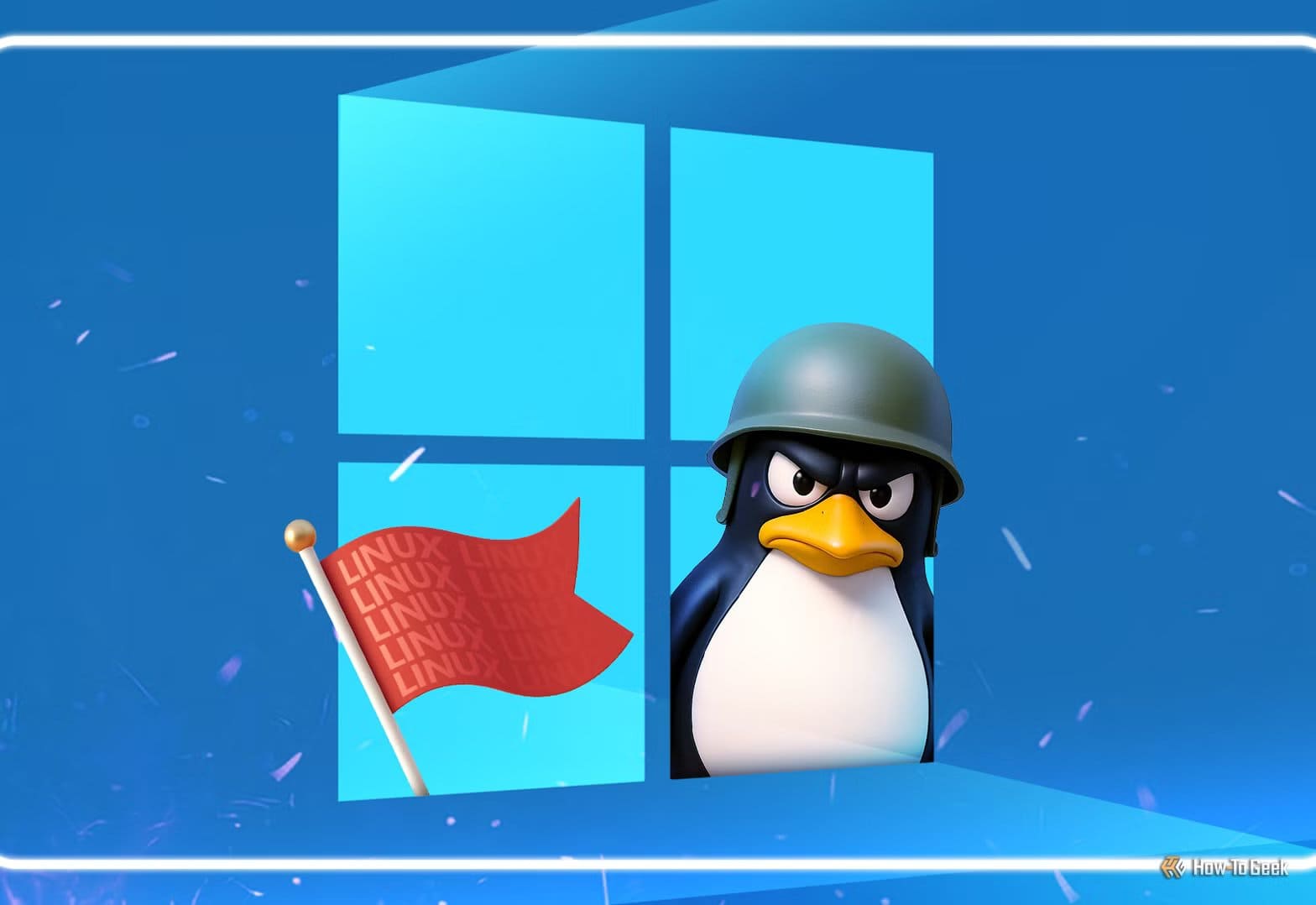 linux-mascot-tux-wearing-a-military-helmet-emerging-from-a-windows-logo-window-with-a-red-linux-flag-planted-nearby مقارنة Linux و Windows من يتفوق على أجهزة سطح المكتب في 2025