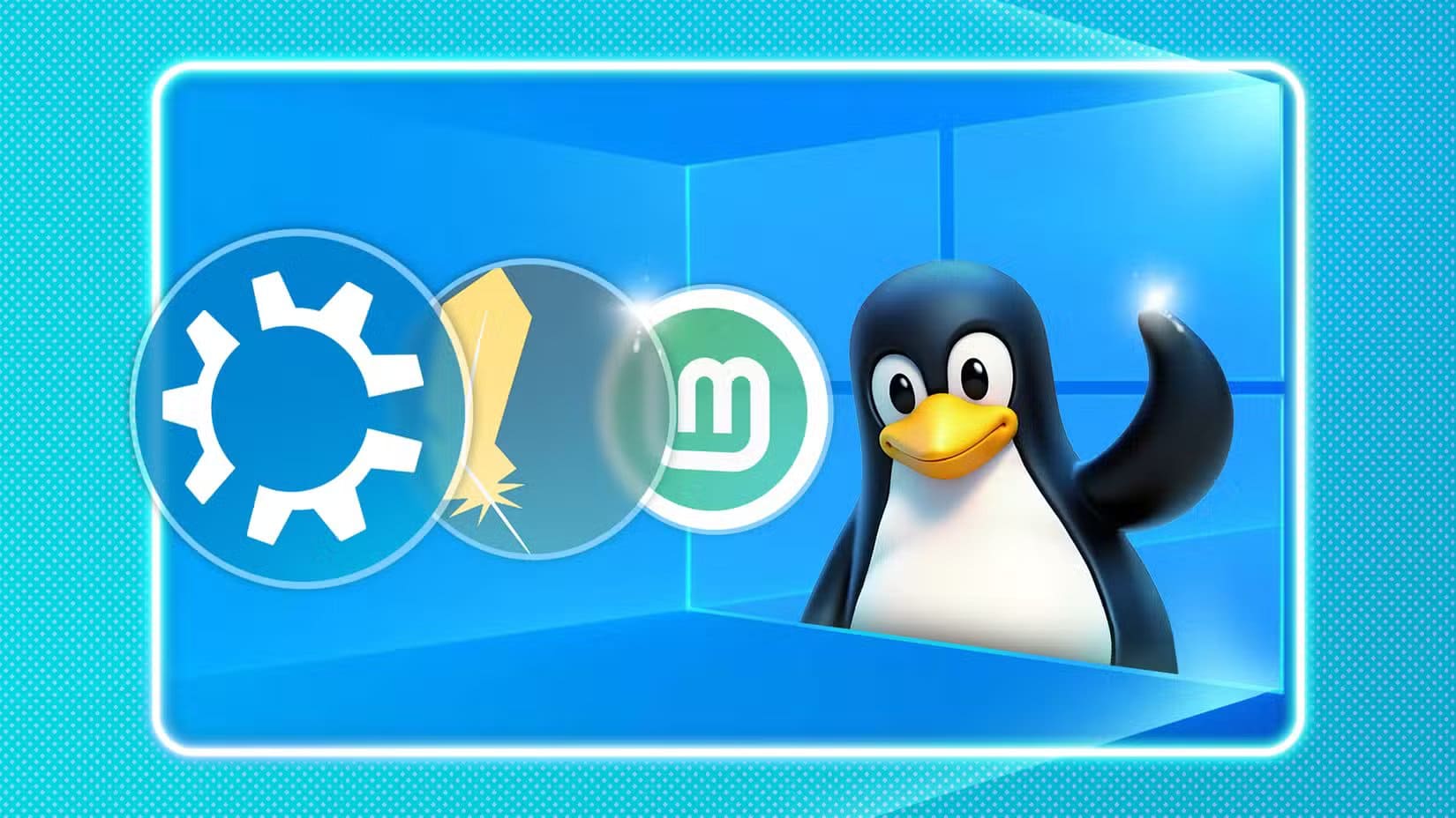 linux-mascot-wa-ving-inside-the-windows-10-logo-with-the-logos-of-some-linux-distributions-in-front ما تحتاج معرفته قبل الانتقال من Windows إلى Linux