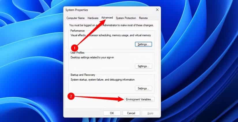 make-the-advanced-tab-is-selected-then-click-environment-variables خطوات تعديل متغيرات البيئة في Windows 11 بسهولة
