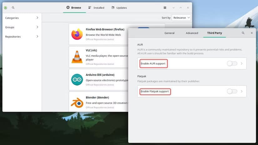manjaro-software-installer-pamac-with-support-for-aur-and-flatpak-1 أسباب قد تجعلك تعيد التفكير قبل اختيار Manjaro بدلاً من Arch Linux