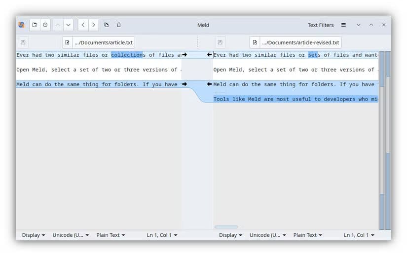 meld-being-used-to-compare-the-contents-of-two-files أفضل تطبيقات Linux المجانية التي تعزز إنتاجيتك بسرعة