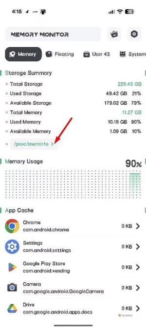 memory-tab-in-ram-memory-monitor-app طريقة سهلة لزيادة ذاكرة Pixel 10 وتحسين الأداء