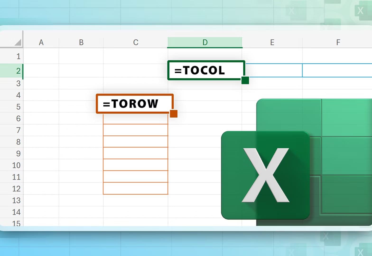 microsoft-excel-spreadsheet-showing-the-torow-and-tocol-functions-with-the-excel-logo تحويل الصفوف والأعمدة بسهولة باستخدام TOCOL وTOROW في Excel