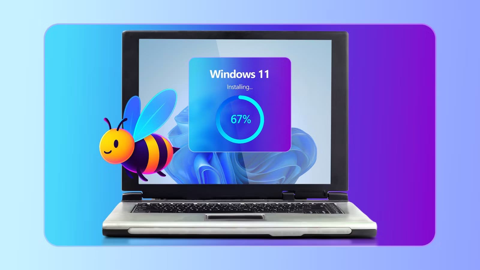 old-laptop-installing-windows-11-with-a-progress-bar-while-flyoobe-hovers-beside-the-screen طريقة تشغيل Windows 11 على جهاز قديم غير مدعوم بسهولة