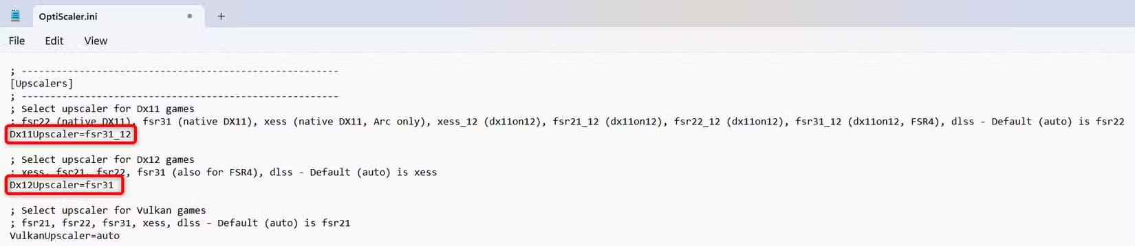 optiscaler-select-default-upscaler تشغيل ألعاب DLSS باستخدام AMD FSR 4 بخطوات بسيطة