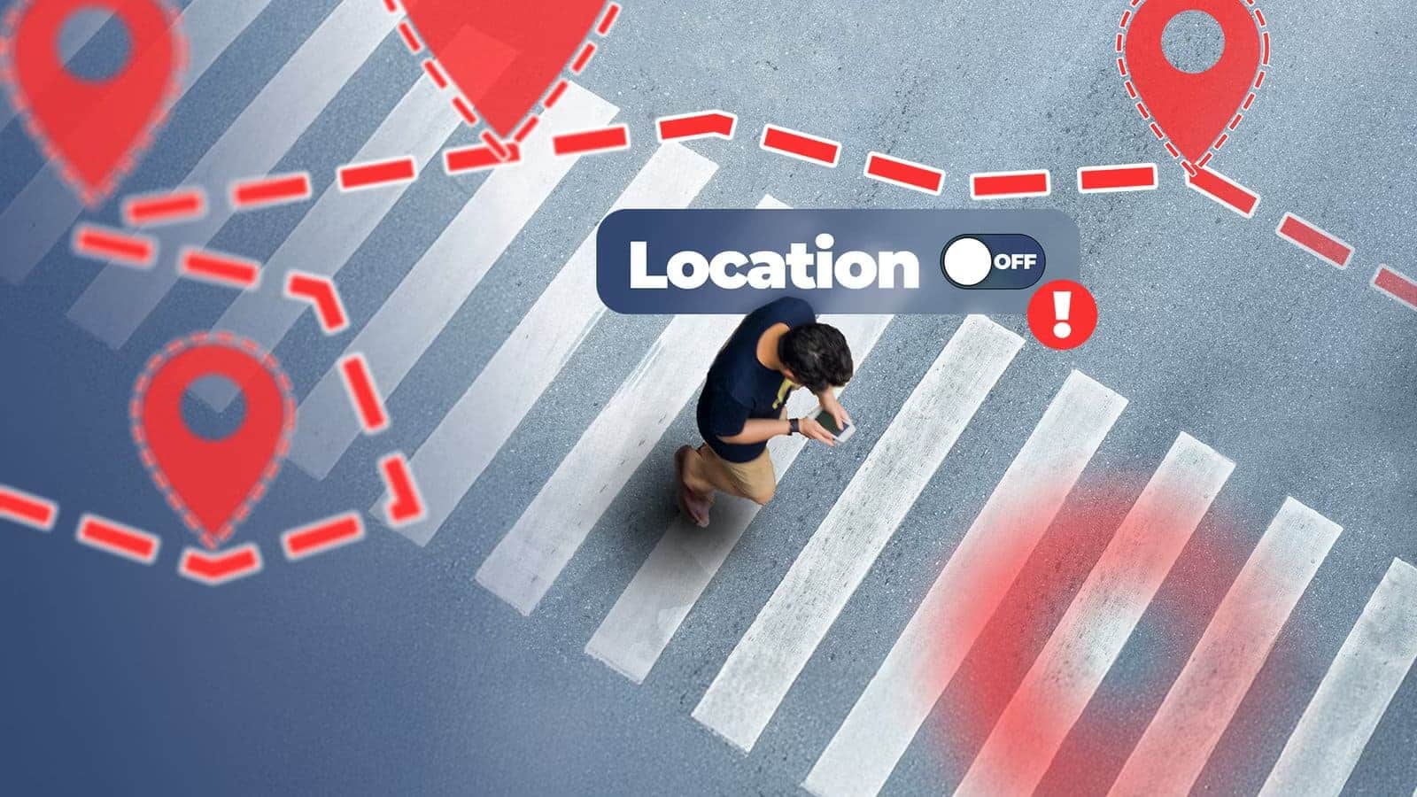 person-crossing-a-street-while-using-a-phone-with-a-location-off-toggle-above-surrounded-by-red-map-pins-and-tracking-lines-1 الحقيقة وراء إيقاف الموقع ولماذا يستمر التتبع رغم ذلك