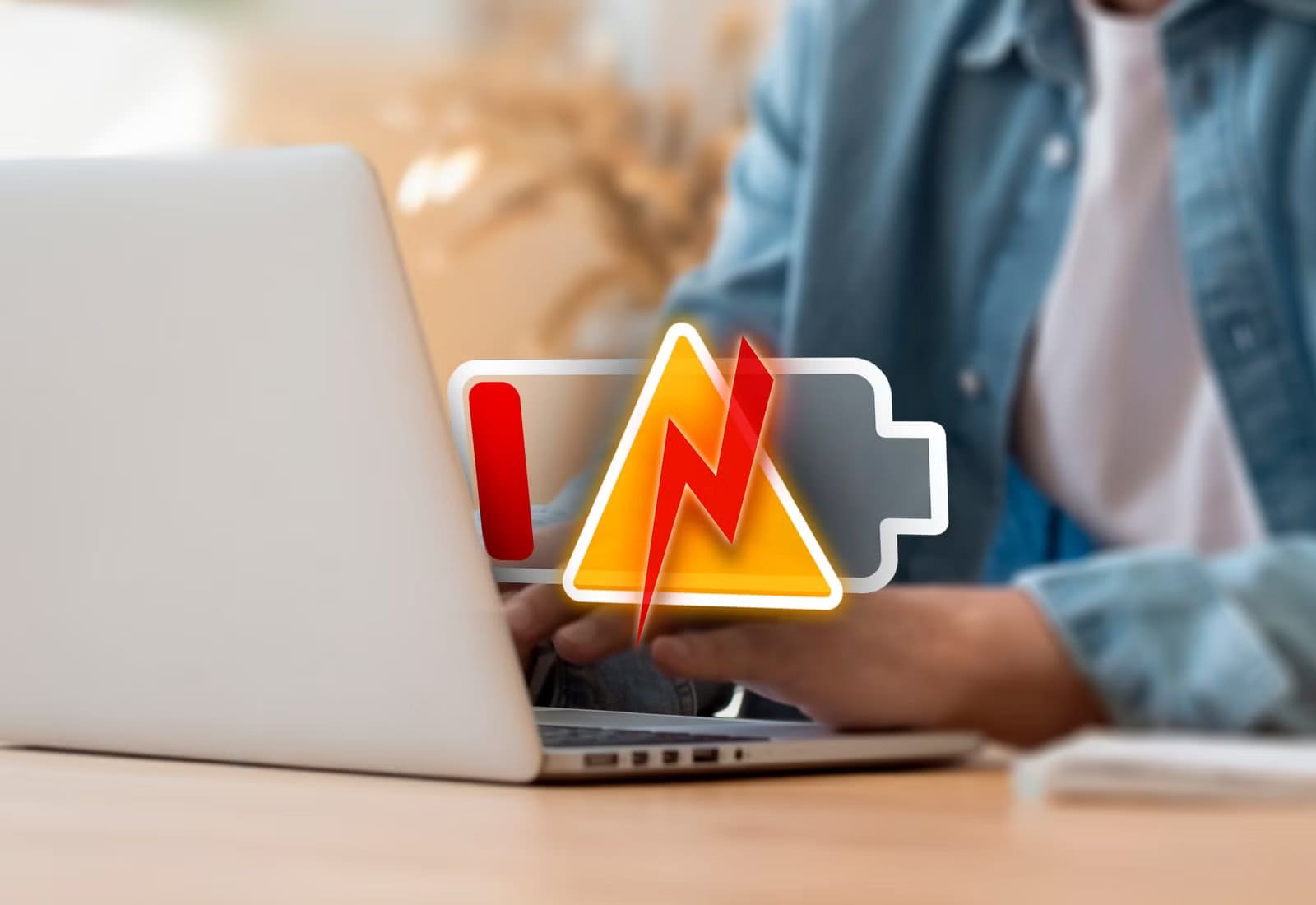 person-using-a-laptop-with-a-low-battery-icon-and-an-alert أهم إعدادات ويندوز التي تحافظ على بطارية الكمبيوتر المحمول لفترة أطول