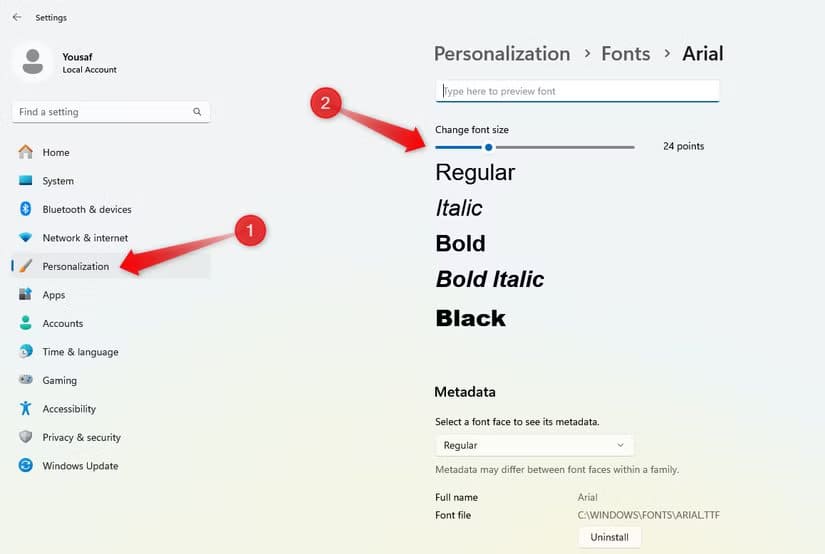 picking-a-font-changing-its-size أفضل إعدادات Windows وعادات يومية تقلل من إجهاد العين أثناء العمل
