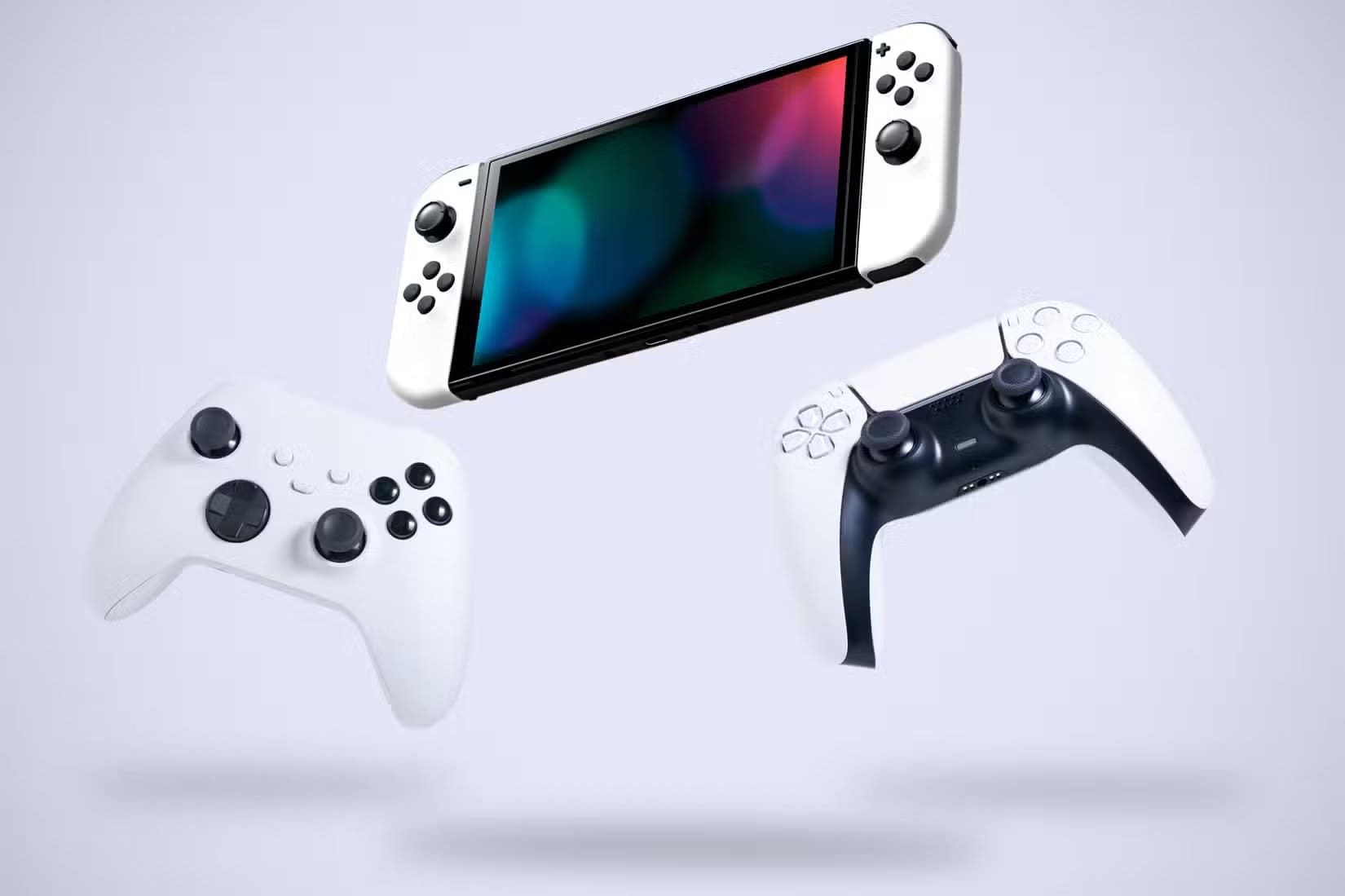 playstation-controller-xbox-controller-and-nintendo-switch-console-in-the-air كيف ساهمت ابتكارات Nintendo في تطوير تجربة PS5