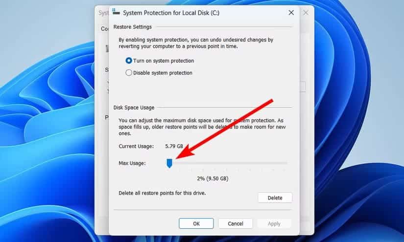 reduce-max-usage-system-restore-settings ملفات ومجلدات تستهلك مساحة في Windows وكيفية حذفها بسهولة