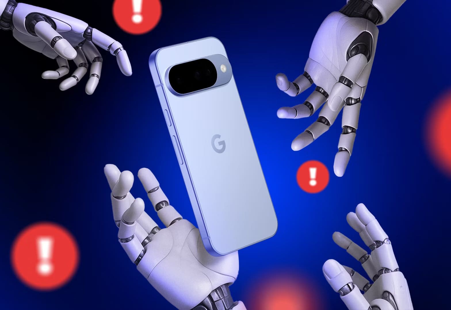 robot_hands_reaching_for_a_google_pixel_smartphone_surrounded_by_red_warning_icons_with_exclamation_marks أخطاء الذكاء الاصطناعي في هواتف Google Pixel تكشف عن عيوب مزعجة