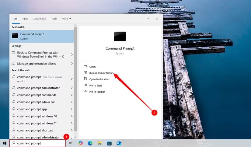 search-command-prompt-in-the-start-menu-search-then-click-run-as-administrator خطوات تشغيل موجه الأوامر كمسؤول في ويندوز 10