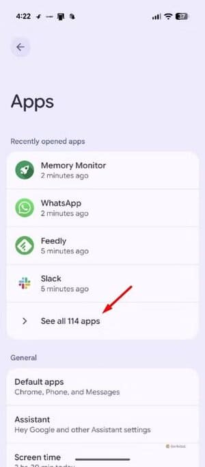 see-all-apps-option-in-the-pixel-settings-window-1 طريقة سهلة لزيادة ذاكرة Pixel 10 وتحسين الأداء