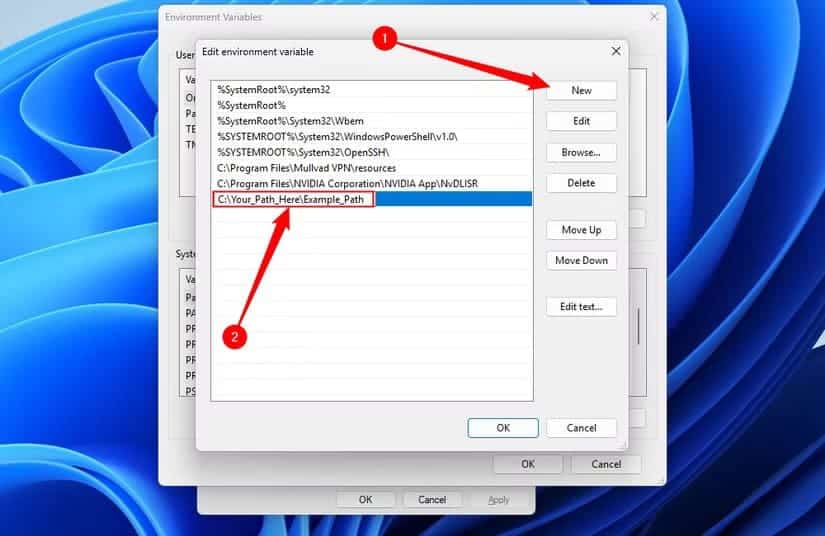 select-new-then-enter-the-directory-path-you-d-like-to-be-available-on-your-system-path خطوات تعديل متغيرات البيئة في Windows 11 بسهولة