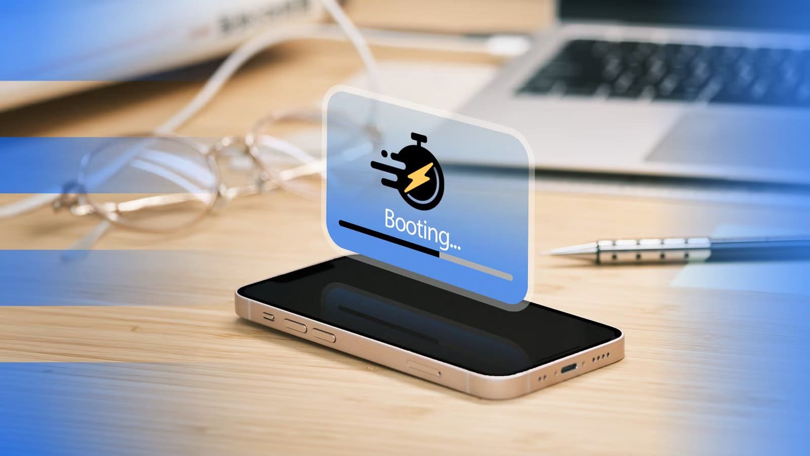 smartphone-on-a-desk-with-a-floating-booting-progress-bar-and-stopwatch-icon طرق مجربة لتسريع الهاتف البطيء وتحسين أدائه بشكل ملحوظ