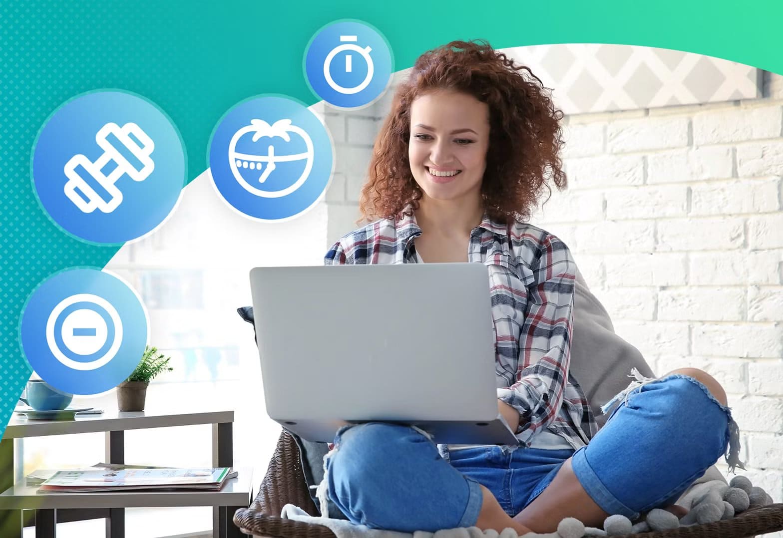 smiling-woman-working-on-a-laptop-with-floating-icons-of-do-not-disturb-dumbbell-pomodoro-timer-and-stopwatch نصائح عملية لزيادة التركيز والحفاظ على اللياقة أثناء العمل المكتبي