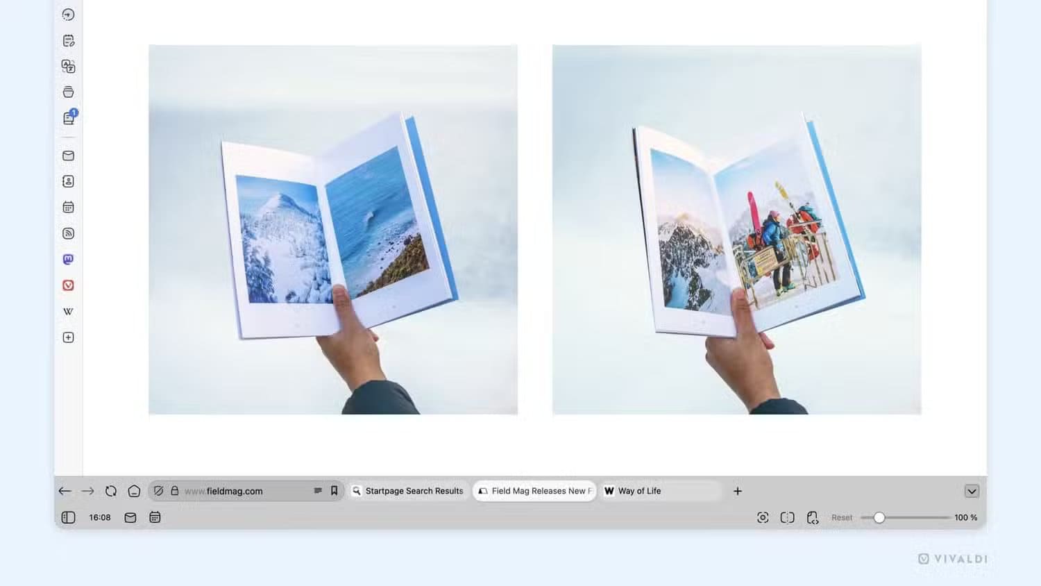 someone-reading-a-book-about-beaches-and-snowwy-mountains-in-the-vivaldi-browser-with-the-tabs-moved-to-the-bottom ميزة مبتكرة في متصفح Vivaldi تجعل إدارة علامات التبويب أسهل