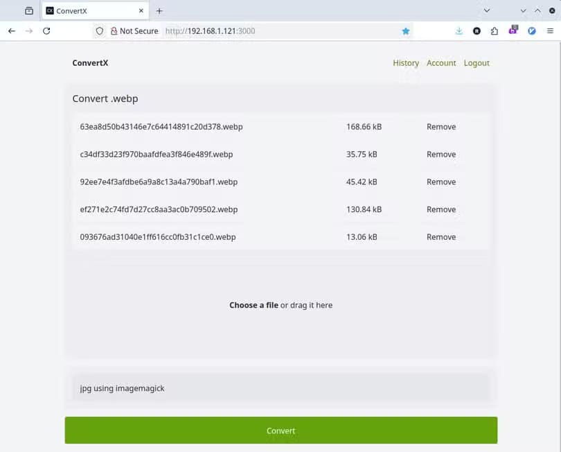the-convertx-interface-with-five-webp-files-prepared-for-conversion حل مشاكل صور WebP بسهولة مع محول الملفات المستضاف ذاتيًا