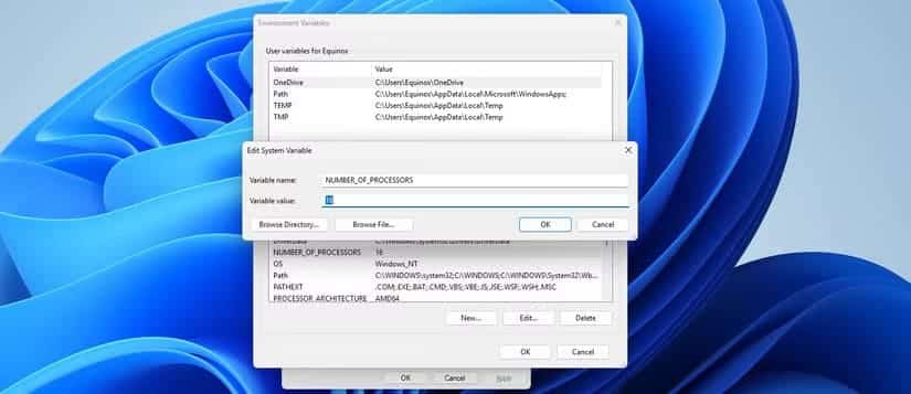 the-number-of-cpu-cores-set-in-the-environment-variables خطوات تعديل متغيرات البيئة في Windows 11 بسهولة